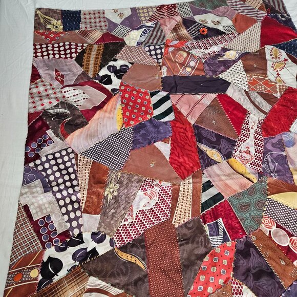 Vint Handmade Crazy Lap Quilt Blanket Silk Scarve Scarf Patchwork Boho 65"x 42" - Picture 8 of 13